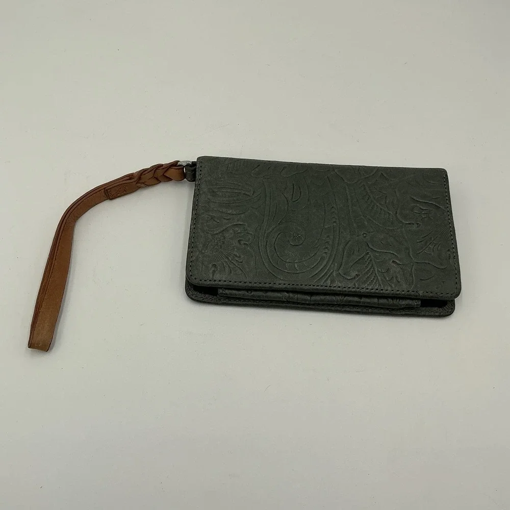 Margot Gray Embossed Leather Floral Paisley Wristlet Wallet Slim ID Card‎ Holder